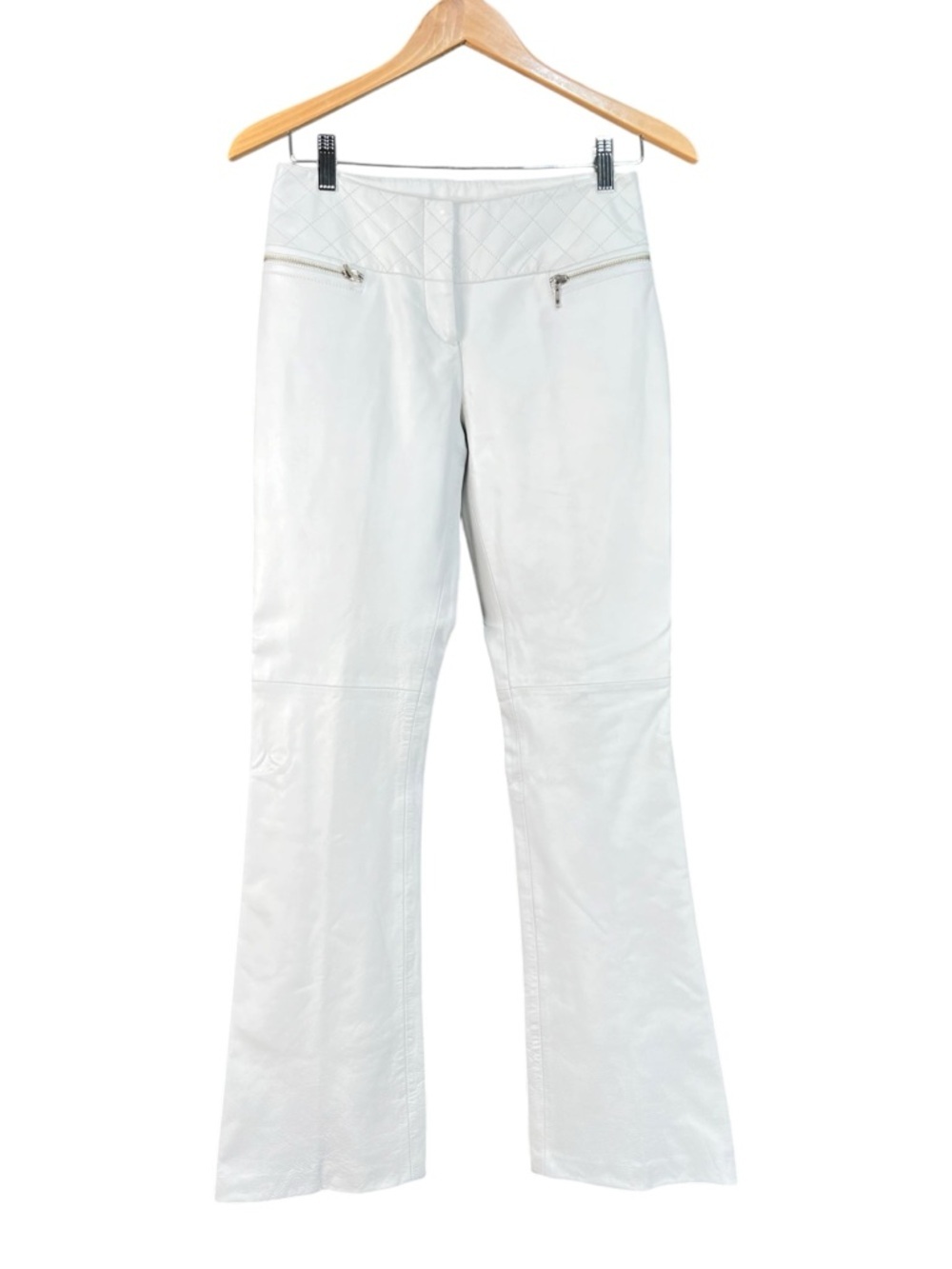 Vintage Caché White Lambskin Leather Moto Pants Quilted Waist Flared Leg Size 0